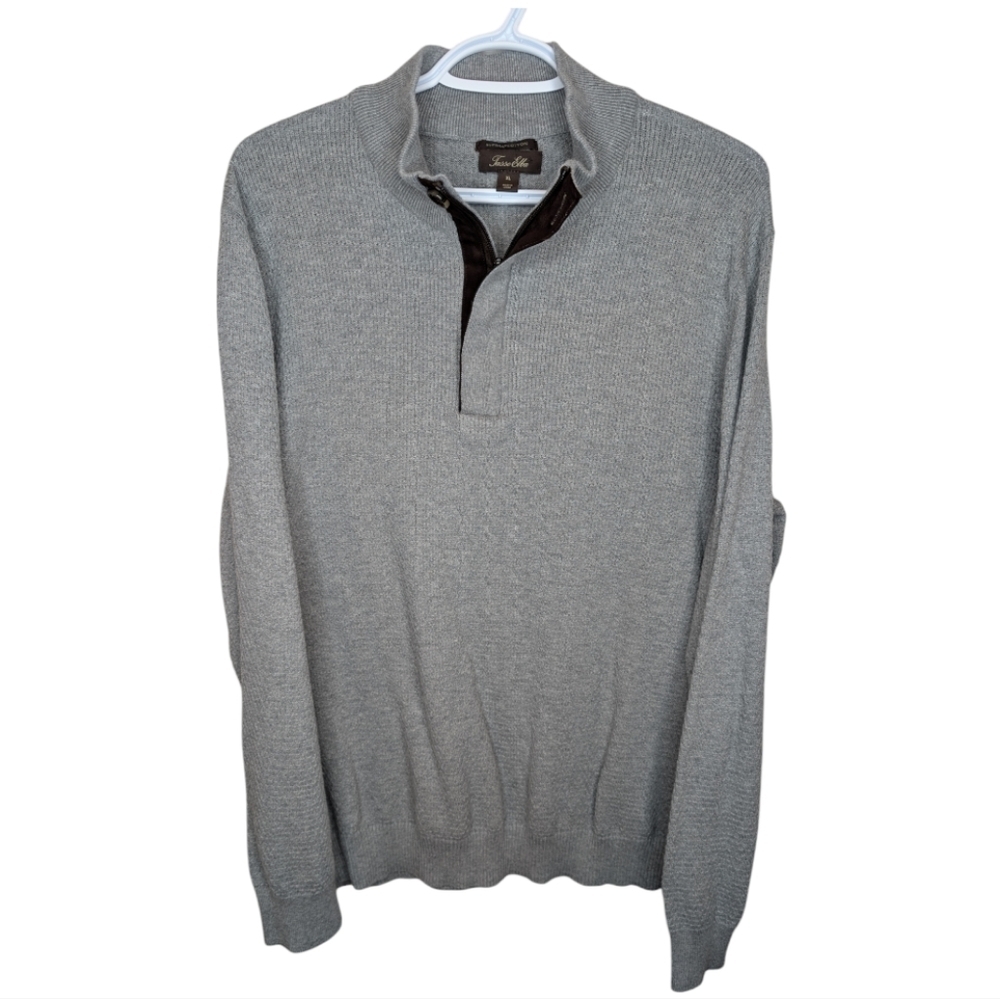 Tasso Elba Suprema Cotton Mens XL Gray Knit Pullover Sweater 1/4 zip